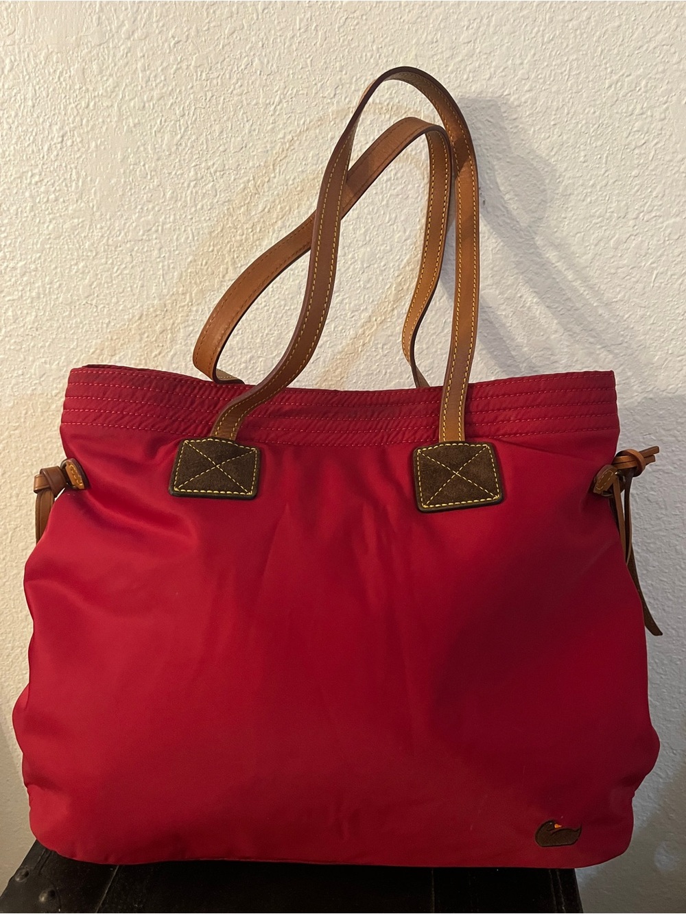 Dooney & Bourke Red Nylon Tote with Brown Leather Trim and Gold Hardware